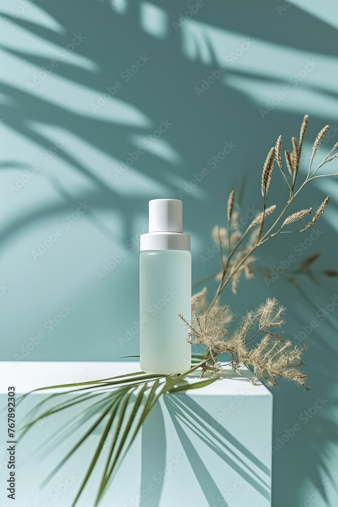 Turquoise cosmetic mockup. Banner with cream jar, container, serum bottle, flowers and leaf. Skin Care beauty concept. Showcase for product presentation. Ads background. Generative ai	