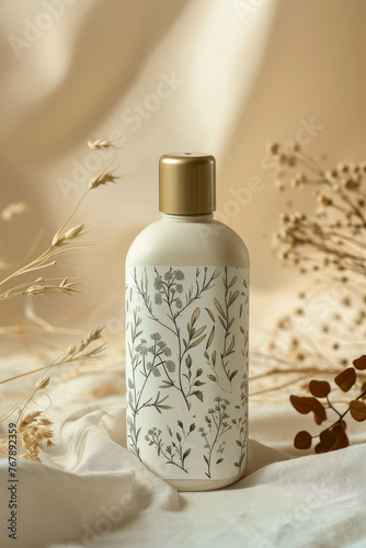 Beige pastel cosmetic mockup. Banner with cream jar, container, serum bottle, dry flowers and leaf. Shadows effect. Skin Care beauty concept. Showcase for product presentation. Generative ai
