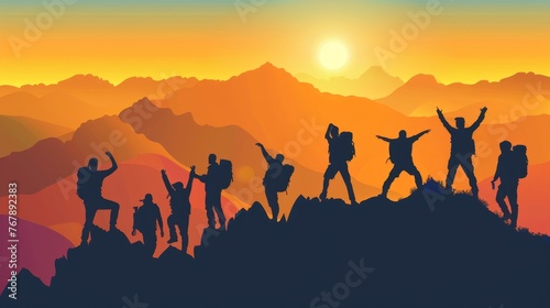 Silhouettes of a group of tourists posing joyfully on the mountain. Is it success as a team or freedom?