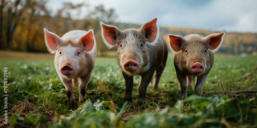 Happy pigs on the green grass. Farm animals, agriculture and rural landscape. Happy pigs on the green grass. Farm animals, agriculture and rural landscape.