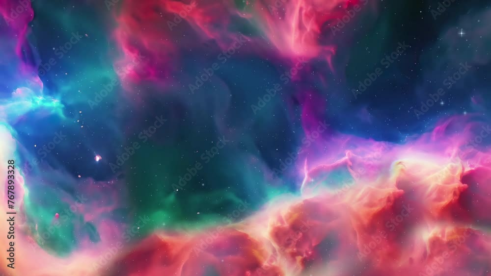 Cosmic nebula. Camera fly through space abstraction. Colored clouds with stars.