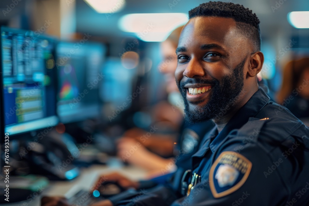 Male African American Security officer working on a computer with surveillance CCTV footage in a monitoring center. Employees sit in front of displays with big data.