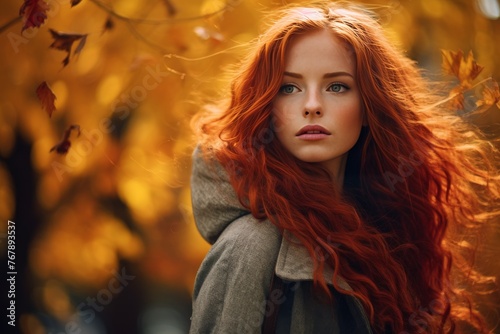 Attractive red hair woman against a fall autumn ambience background, background image