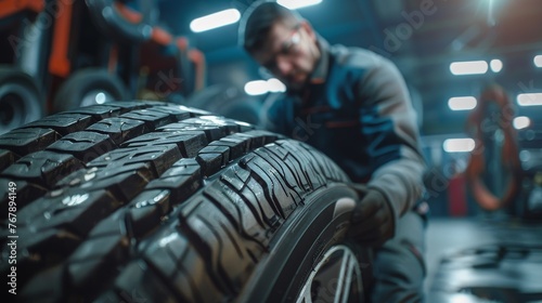 Mechanic is repairing a tire on the background of a car repair shop.