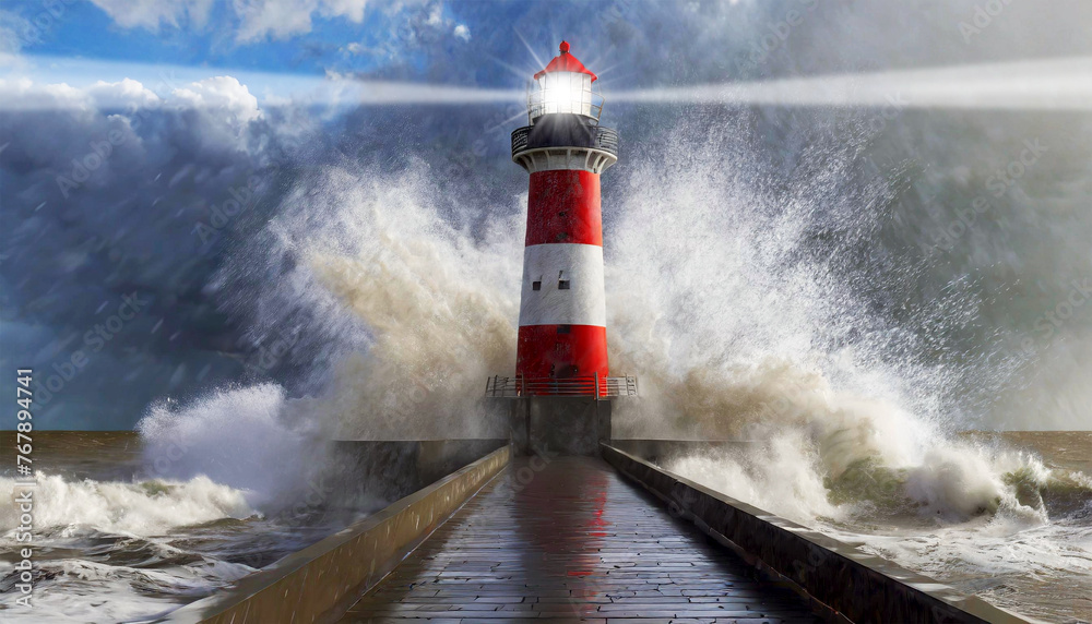 Old red and white lighthouse with light beams in the stormy sea with large waves crashing on the cliff. A guiding beacon in a sea of uncertainty. Generative Ai.
