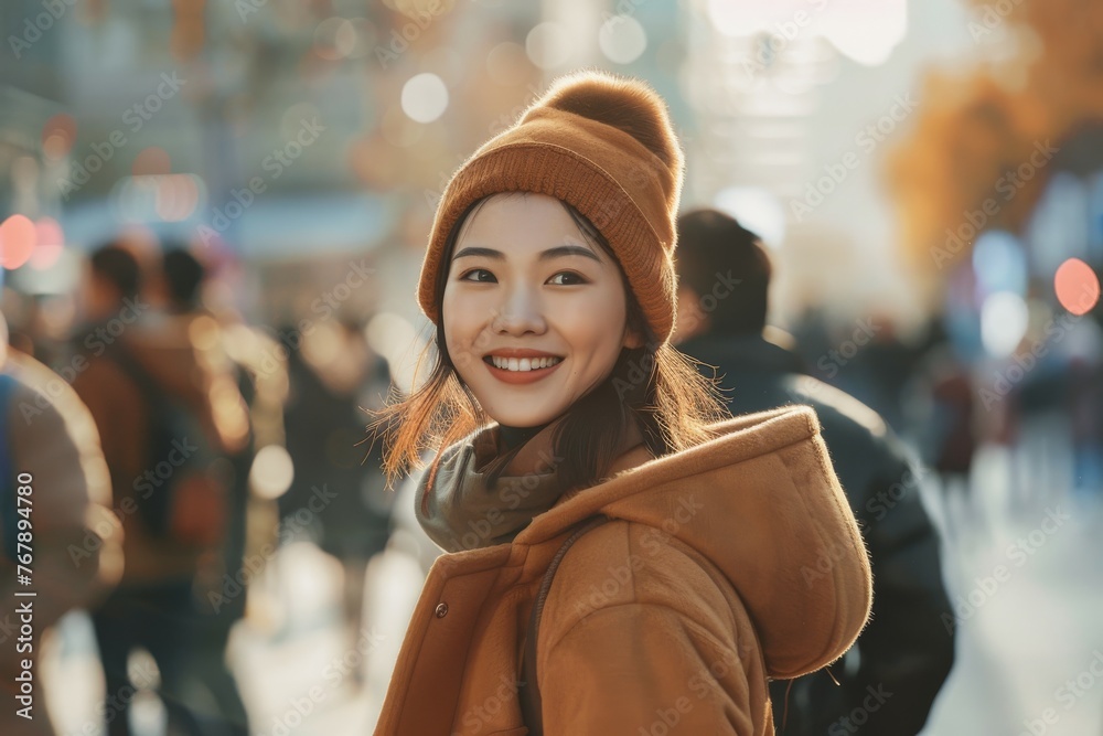Asian Woman walking in the city streets of New York - obrazy, fototapety, plakaty 
