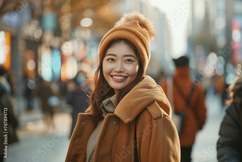 Asian Woman Walking Amidst Urban Streets, Fashionably Wrapped in Winter Coat, Radiating Casual Beauty and Warmth © KP
