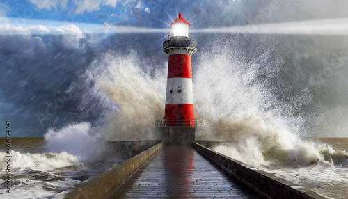 Old red and white lighthouse with light beams in the stormy sea with large waves crashing on the cliff. A guiding beacon in a sea of uncertainty. Generative Ai.
