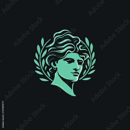 Greek god head wearing laurel wreath statue icon logo design Illustration vector in trendy minimal and simple line style.Ancient Greek Figure Face Head Statue Sculptur photo