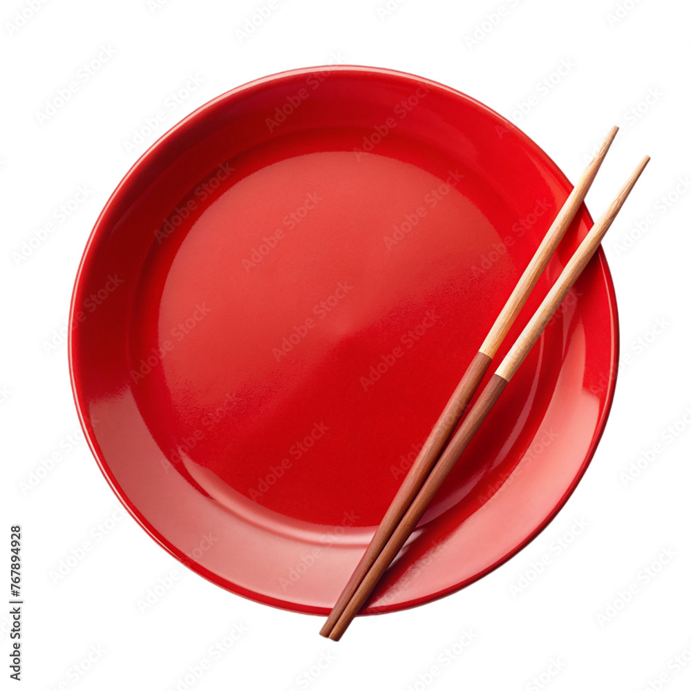 Empty red plate with chopsticks isolated on transparent background. Empty red plate with chopsticks isolated on transparent background.