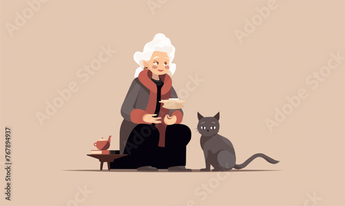 old woman with cat vector flat minimalistic isolated illustration