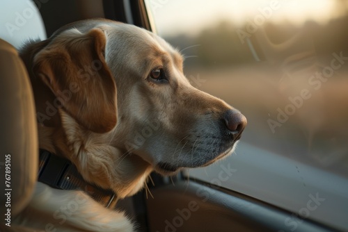 Labrador Retriever sits in a car, looking out of car window 