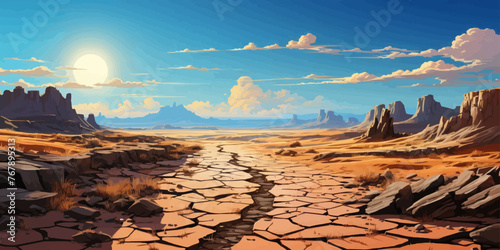 A desolate desert landscape with a sun in the sky