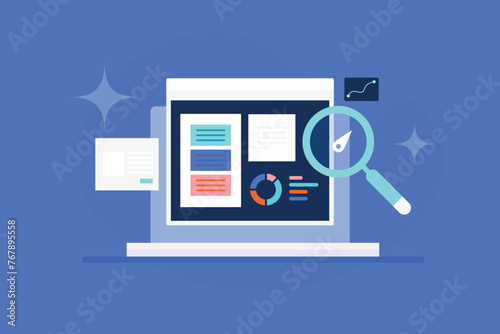 Website analysis software, Analyzing SEO performance of the website, SEO score checker, Vector illustration background.