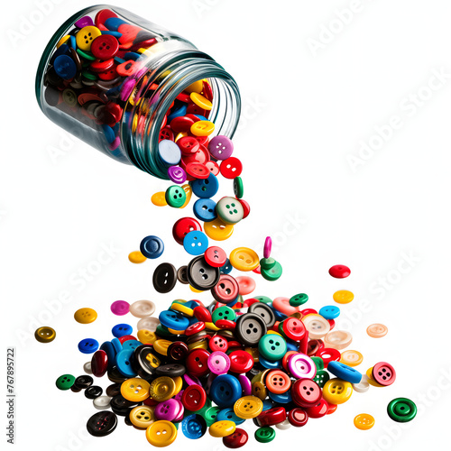 Spilled jar of buttons isolated on white background, pop-art, png 
