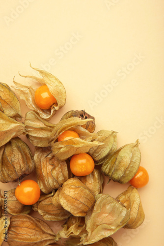 Physalis peruviana fruit on beige background. Vertical photo