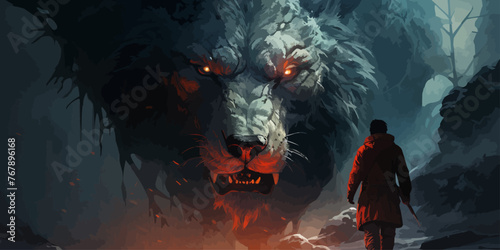 The man in the hood with spear faceing the giant winter wolf, digital art style, illustration painting photo