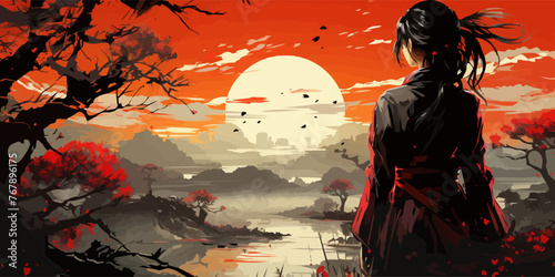 Japanese anime warrior girl. Samurai of Japan. vector