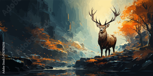 the deer with its fire horns standing on rocks in winter landscape, digital art style, illustration painting -