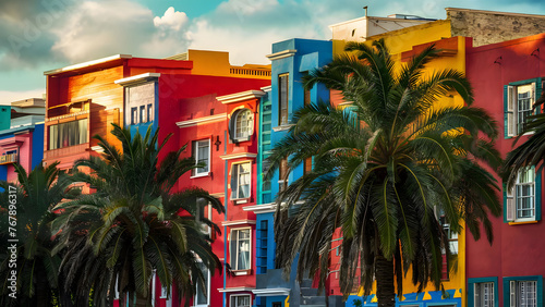 Colourful houses and palm trees on street