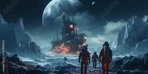 A group of astronauts are walking on a rocky planet