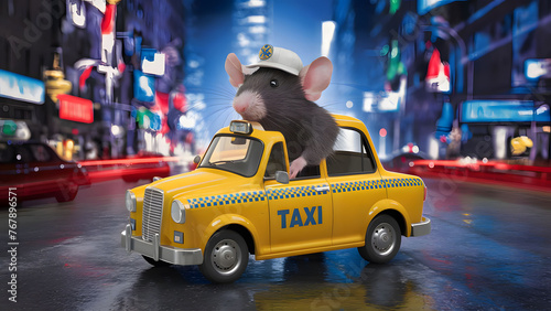 Cute cartoon rat as a taxi driver on city background
