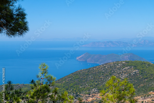 Beautiful charming incredible landscape on the Mediterranean coast of Turkey with mountains, sea on a sunny bright day. Concept of travel, tourism, nature