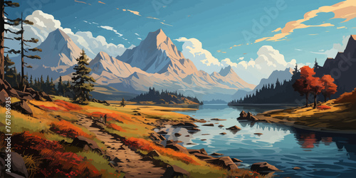a lakeside walkway with beautiful mountain scenery in the background in anime style vector © Coosh448