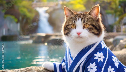 紅葉シーズンの温泉と浴衣を着た看板猫