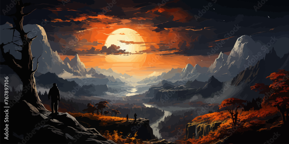 man on top of mountain looking at another planet,illustration painting