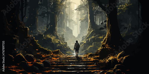 man climbing stone stairs in the mysterious forest, digital art style, illustration painting