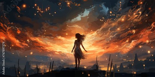 a ballerina dancing with fireflies on the hill against the night sky, digital art style, illustration painti