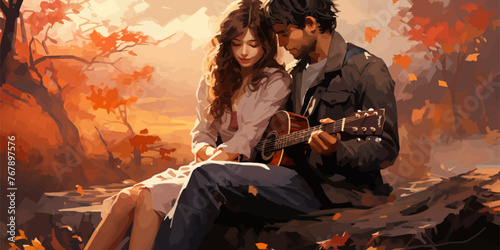 lovers sitting and playing guitar under the tree in autumn, digital art style, illustration painting