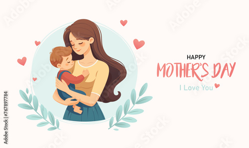 Happy mother's day banner. Mother holding a cild in her hands.