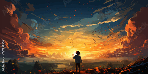 the boy plays paper airplanes and looking at planes flying in the sunset sky, digital art style, illustration painting -- #767897900