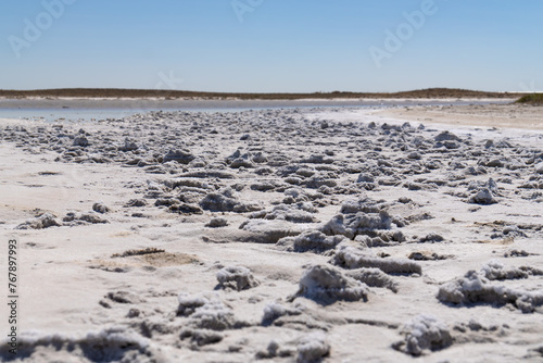 Close-up of salt deposits on Lake Tuz on a sunny day, Turkey