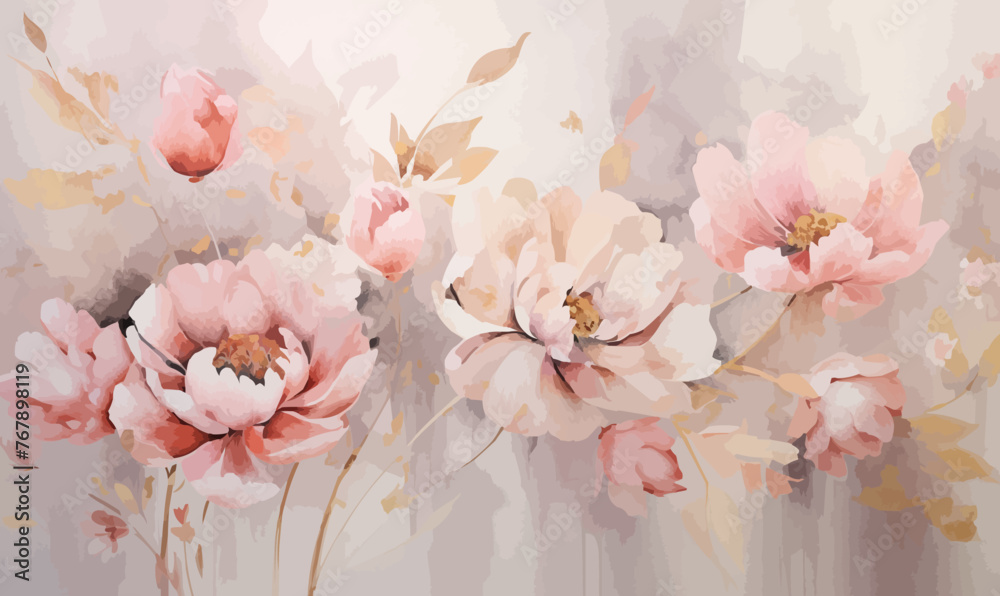 Watercolor pink gold flower abstract mural, peonies, tulips, rose, large delicate voluminous flowers, background, wallpaper, Watercolor pink gold flower abstract mural, peonies, tulips, rose, large delicate voluminous flowers, background, wallpaper,