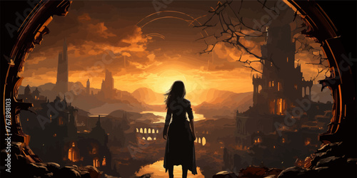 girl with a gun looking at the destroyed futuristic portal in ruin city, digital art style, illustration painting -