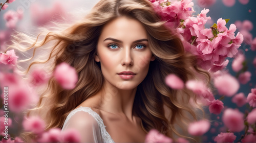 A woman with long brown hair is standing in front of a pink background with pink flowers. Concept of beauty and elegance, as the woman's long hair and the pink flowers create a visually appealing