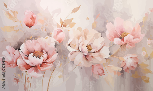 Watercolor pink gold flower abstract mural, peonies, tulips, rose, large delicate voluminous flowers, background, wallpaper,