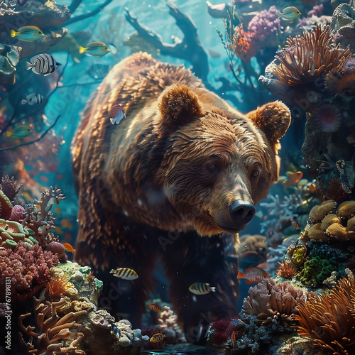 Brown bear in a coral reef with corals and fish