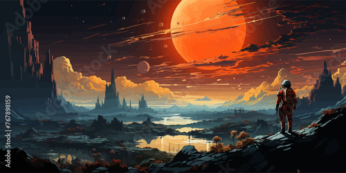 a spaceman standing on a hill surrounded by floating rocks, digital art style, illustration painting