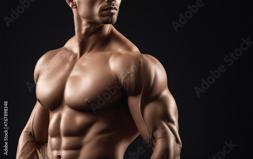 A man with a muscular chest stands in front of a black background. Concept of strength and confidence, as the man's well-defined muscles are on full display