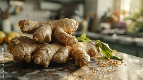 Close-up photo of ginger root Characterized by a bulbous head and sheaths. Ginger is placed on the kitchen background table. Focus on natural textures