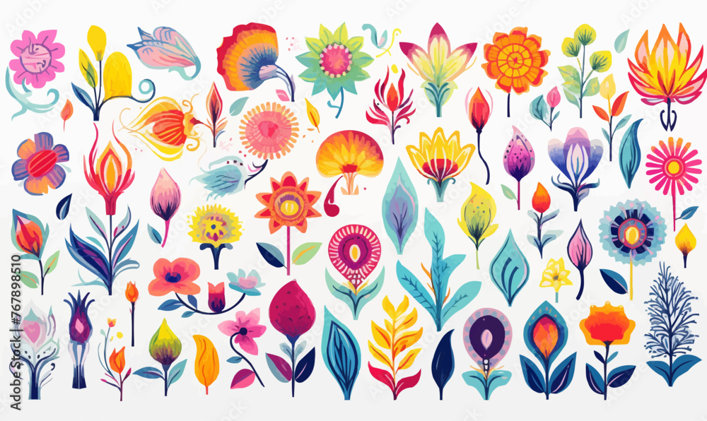 Various flower designs abstract shapes trendy colorful drawing, vector illustrati