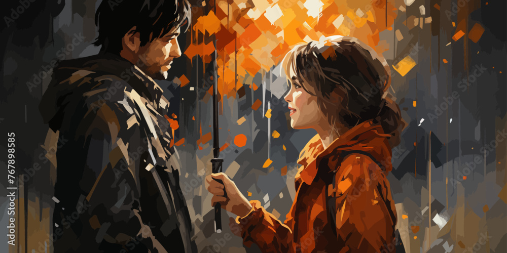 the woman gives an umbrella to the boy in the rain, digital art style, illustration painting -