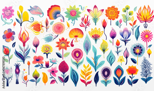 Various flower designs abstract shapes trendy colorful drawing, vector illustrati
