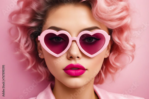 A woman with pink hair and pink sunglasses. She is wearing a pink shirt and has red lipstick