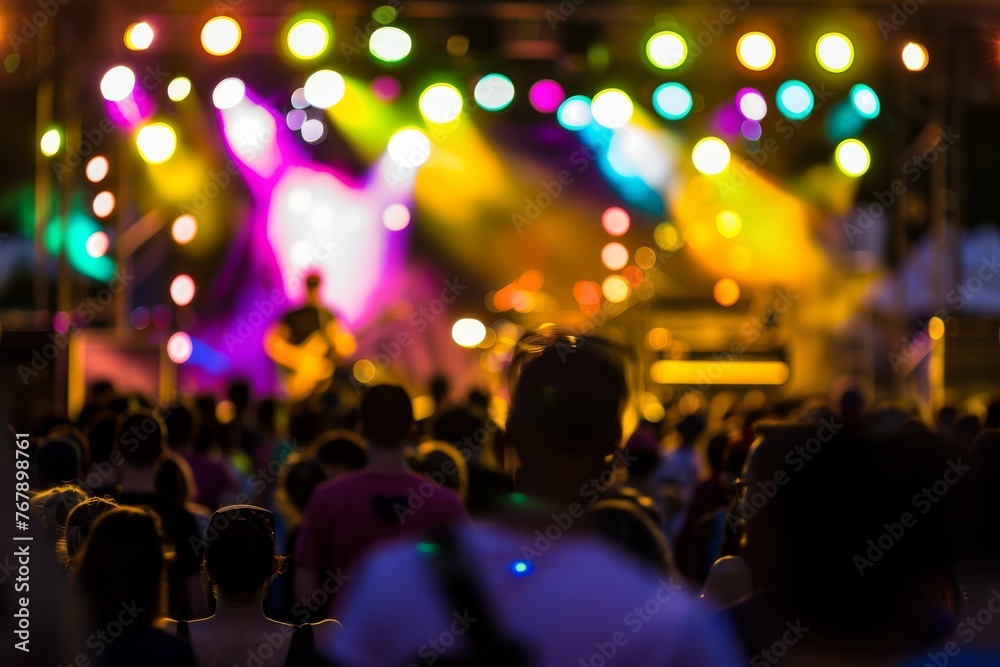 A lively summer music concert with a band performing on an outdoor stage, surrounded by a crowd of enthusiastic fans A lively summer music concert with a band performing on an outdoor stage, surrounded by a crowd of enthusiastic fans
