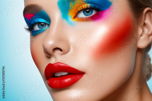 A woman with colorful makeup on her face. The makeup is bright and bold  with a mix of red  blue  and green colors. The woman has a confident and playful expression on her face